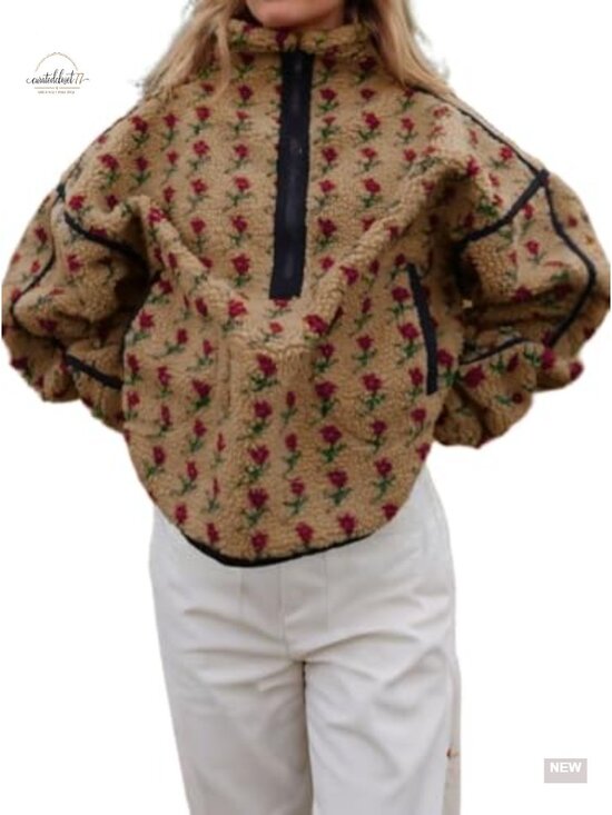 Jackets & Blazers - Faux Fur Sherpa Zip Up Hoodie Floral Turtleneck Fleece Jacket
